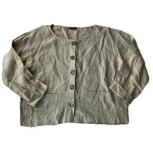 Ike & Mike Top Sz S Tan Brown Button Up Linen Casual Cottagecore Pockets Cuff